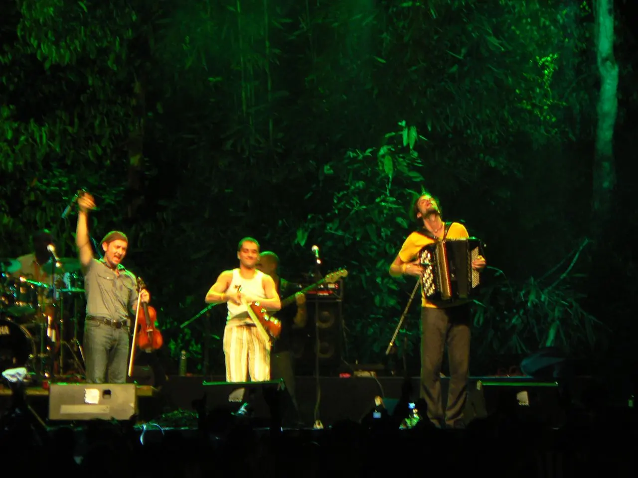 A band with an accordion on stage at the Rainforest World Music Festival